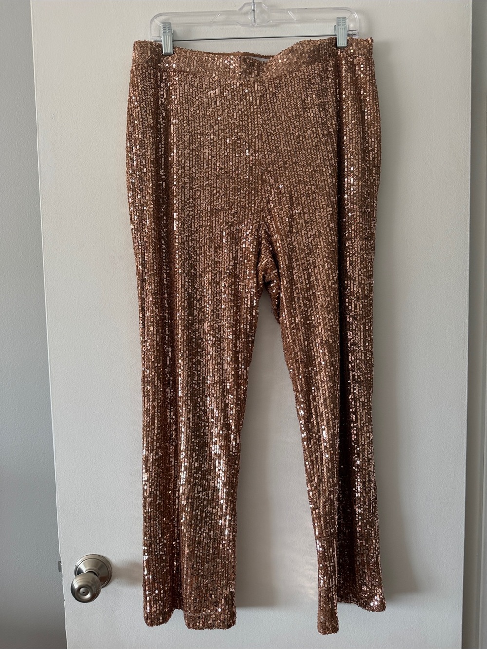 ASOS DESIGN Curve Rose Gold Sequin Pants Size 12 Sparkly Holiday Party Wide Leg